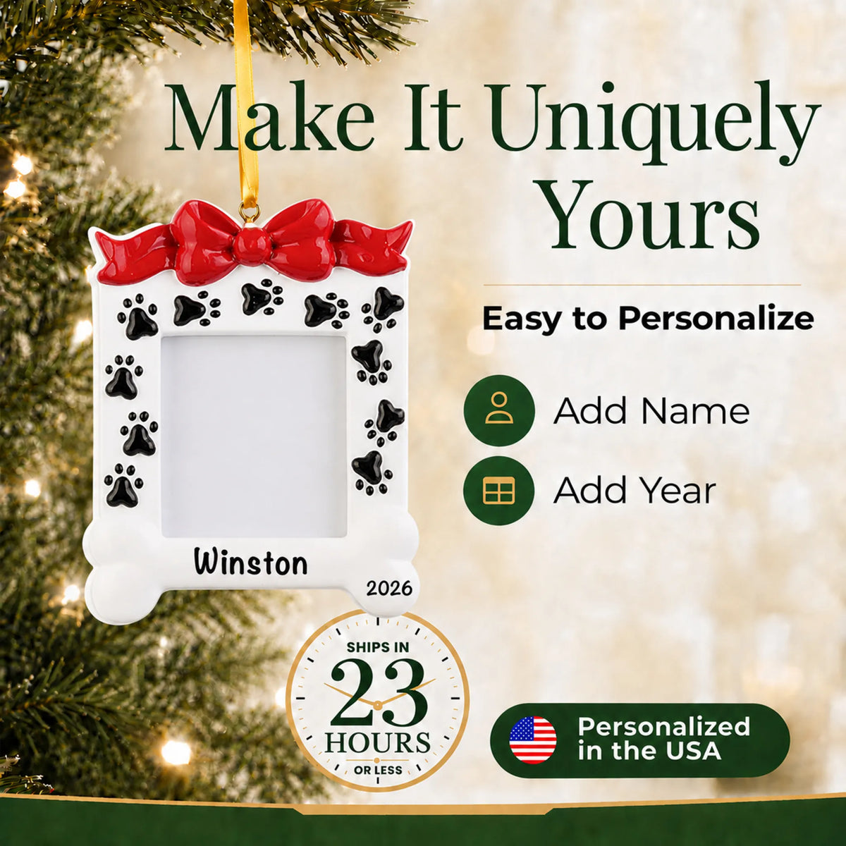 Make it yours: personalize the Dog Photo Frame christmas ornament with your dog's name and the year