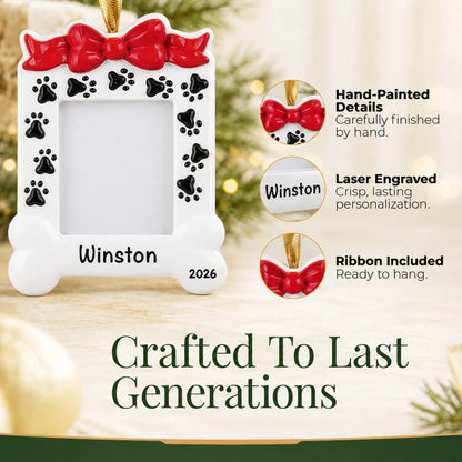 Hand-painted, laser engraved Dog Photo Frame christmas ornament, ribbon included