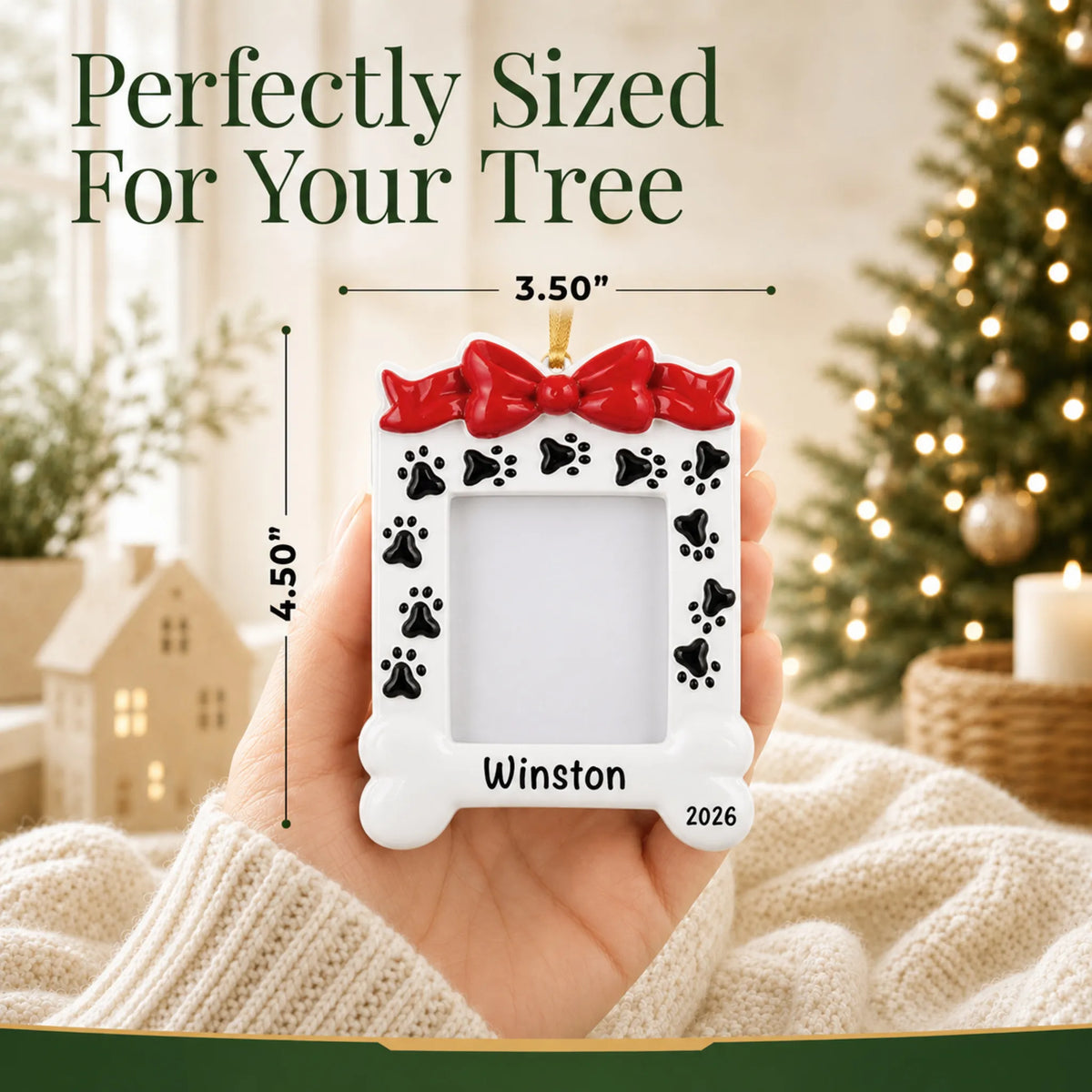 Size guide: the personalized Dog Photo Frame christmas ornament is 3.50 in wide by 4.50 in tall, shown in hand