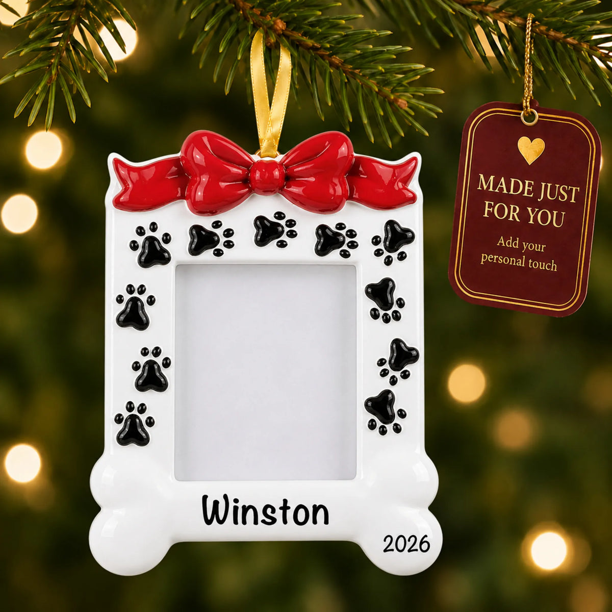 Dog Photo Frame christmas ornament hanging on a lit Christmas tree with a Made Just For You gift tag