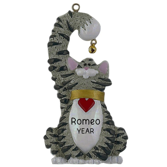 Gray Tabby Cat With Bell Personalized Ornament personalized cat memorial ornament for treasured pet memories