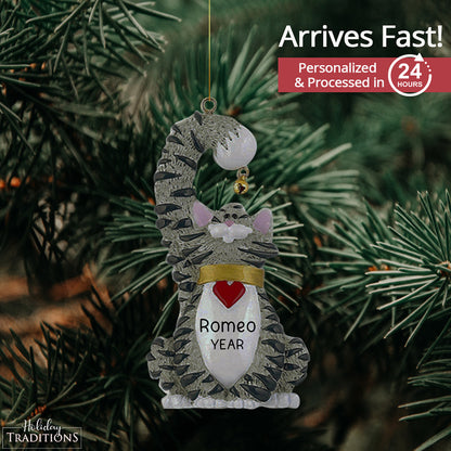 Gray Tabby Cat With Bell Christmas Ornament