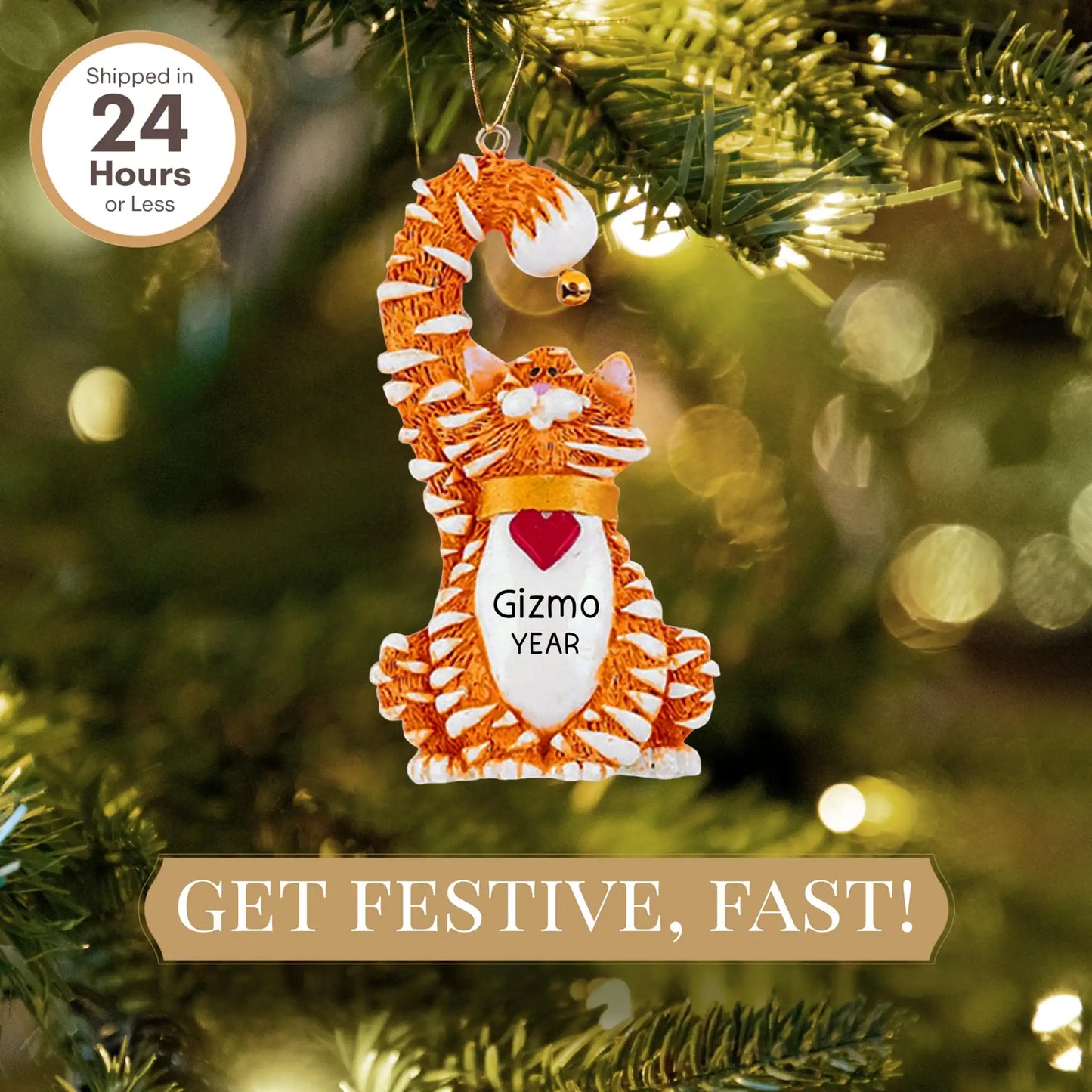 Orange Tabby Cat With Bell Christmas Ornament