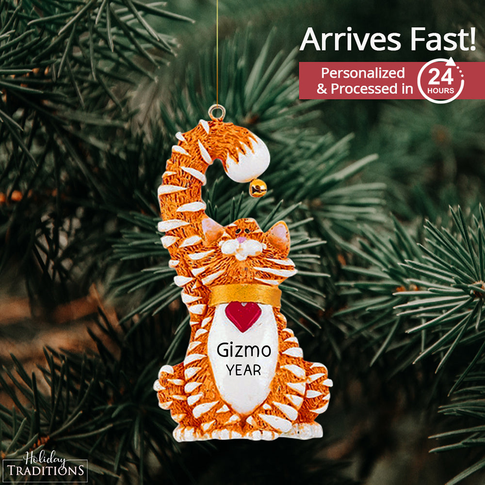 Orange Tabby Cat With Bell Christmas Ornament