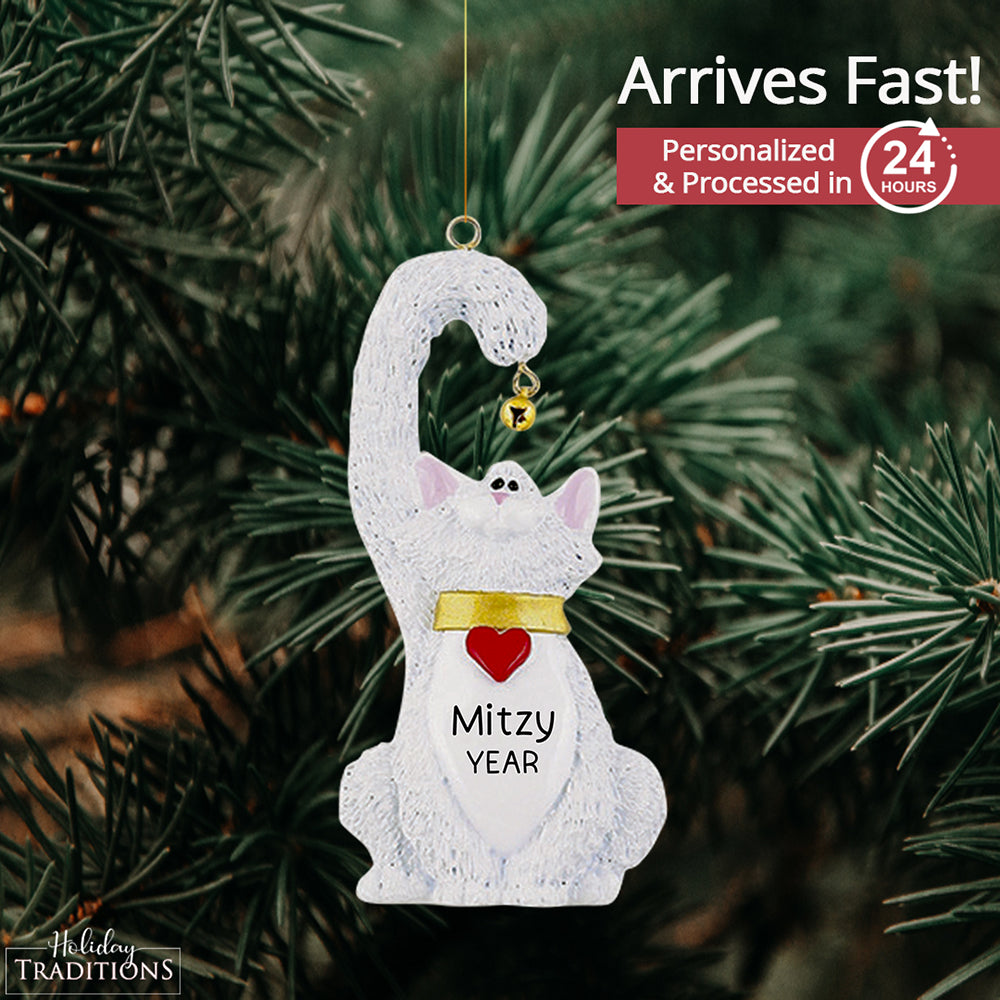 White Cat With Bell Christmas Ornament