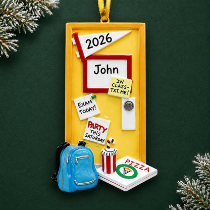 Personalized college student dorm room christmas ornament on a dark green pine background