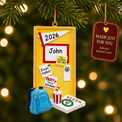 College student dorm room christmas ornament hanging on a lit Christmas tree with a Made Just For You gift tag