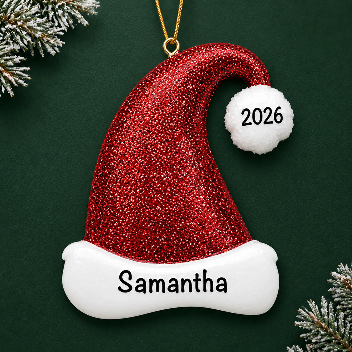 Personalized Santa Glitter Hat christmas ornament on a dark green pine background