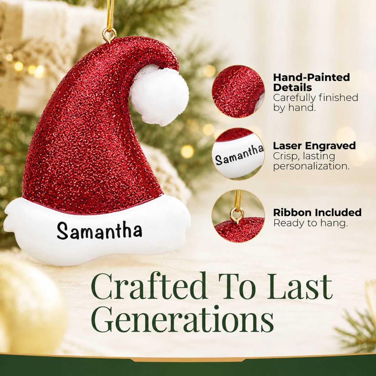 Hand-painted, laser engraved Santa Glitter Hat christmas ornament, ribbon included