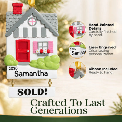 Hand-painted, laser engraved Real Estate Sold House christmas ornament, ribbon included