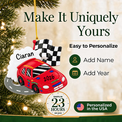 Make it yours: add name and year to the personalized race car christmas ornament