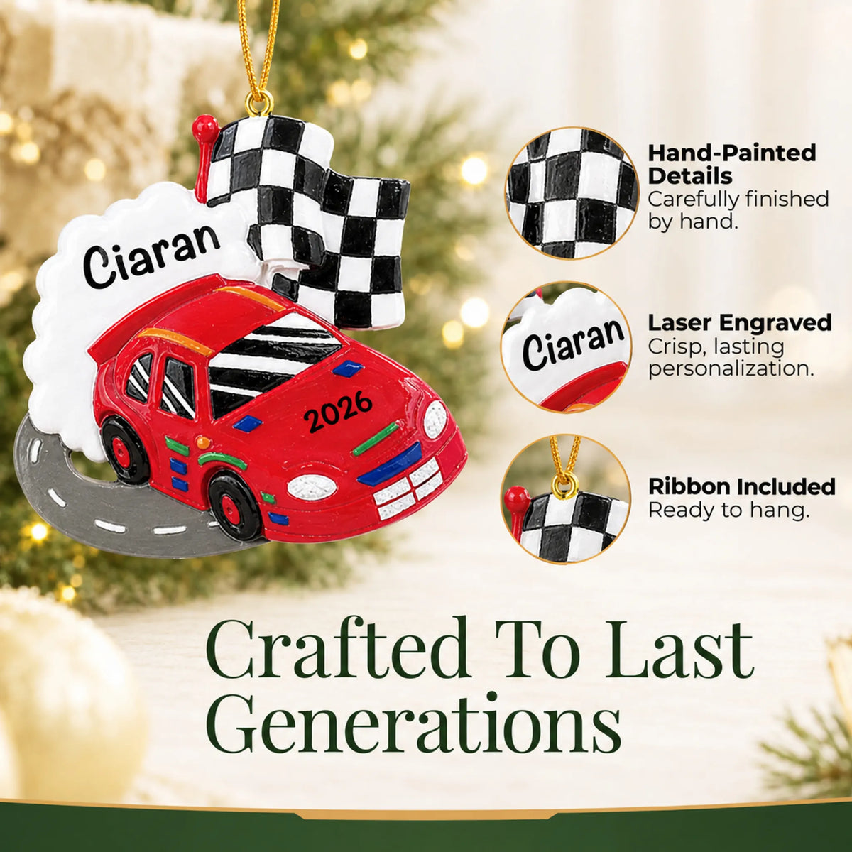 Hand-painted details and laser engraved personalization on the race car christmas ornament, ribbon included