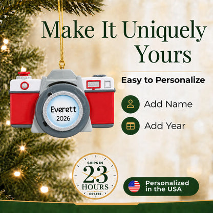 Make it yours: add name and year to the personalized camera christmas ornament