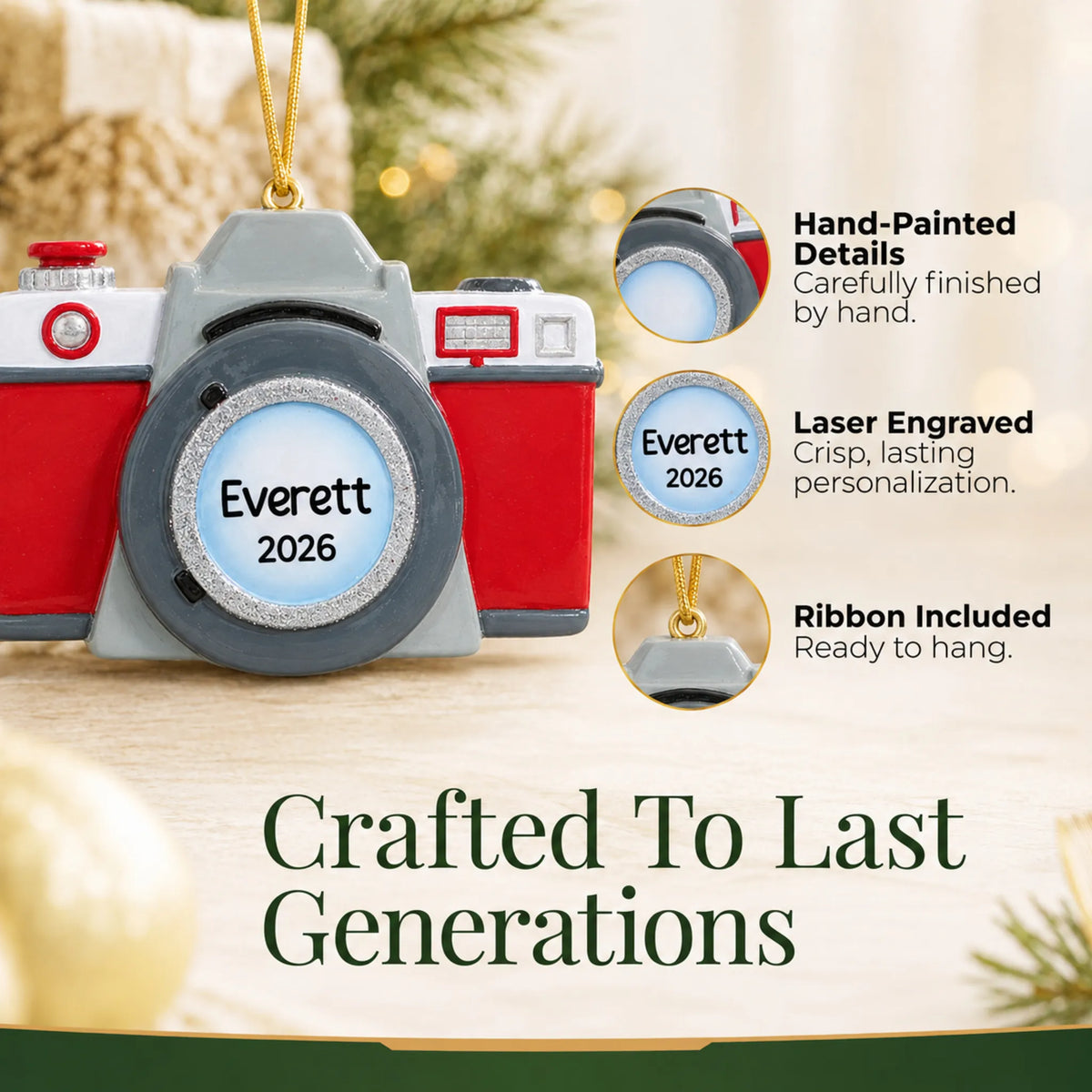 Hand-painted details and laser engraved personalization on the camera christmas ornament, ribbon included