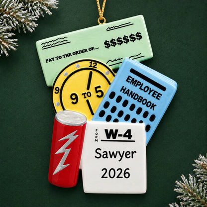 Personalized first job christmas ornament on a dark green pine background