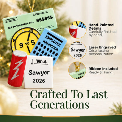 Hand-painted details and laser engraved personalization on the first job christmas ornament, ribbon included