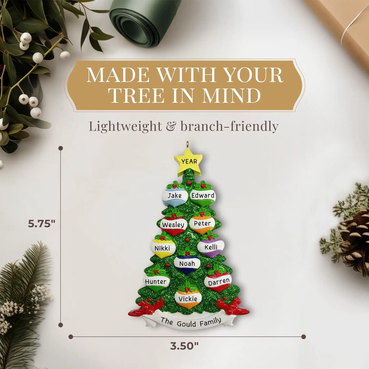 Green Glitter Tree Family of 10 Christmas Ornament