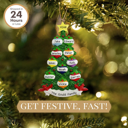 Green Glitter Tree Family of 10 Christmas Ornament