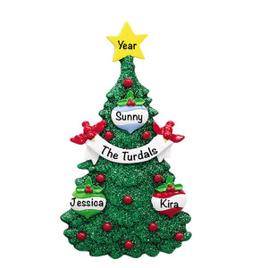 Personalized green glitter tree family of 3 ornament with named bulbs, star year, and banner