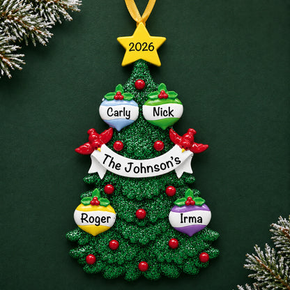 Personalized green glitter tree family of 4 christmas ornament with four named bulbs and 2026 star