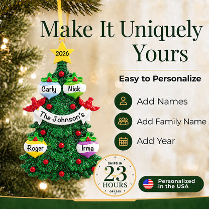 Green glitter tree family of 4 personalized christmas ornament, make it uniquely yours with names and year