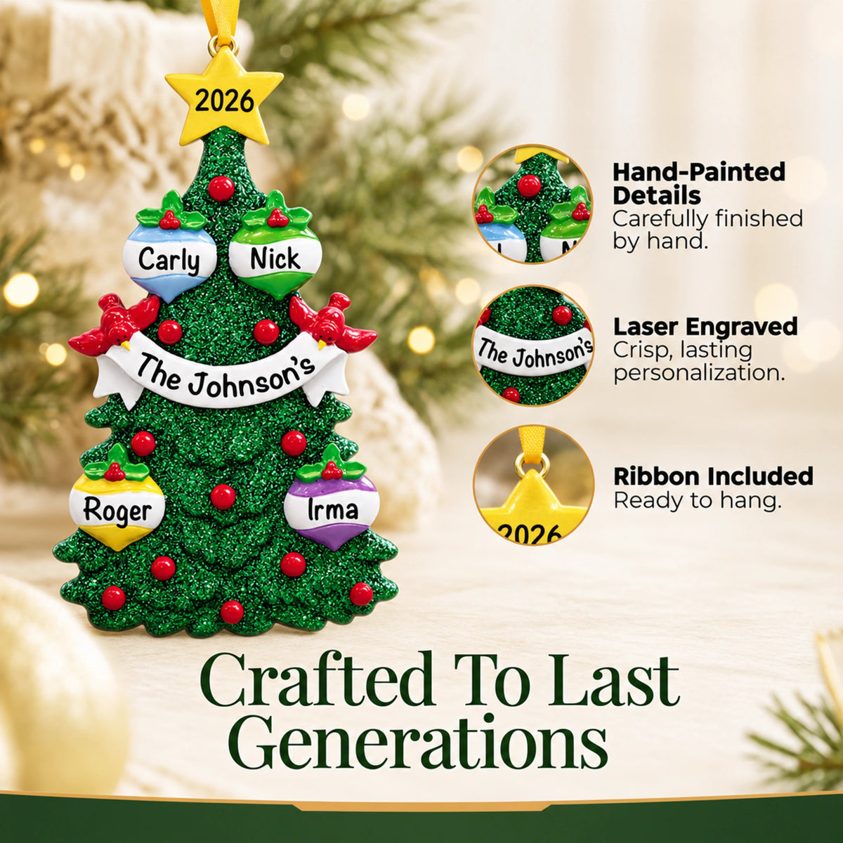 Green glitter tree family of 4 personalized christmas ornament, hand-painted and laser-engraved to last generations