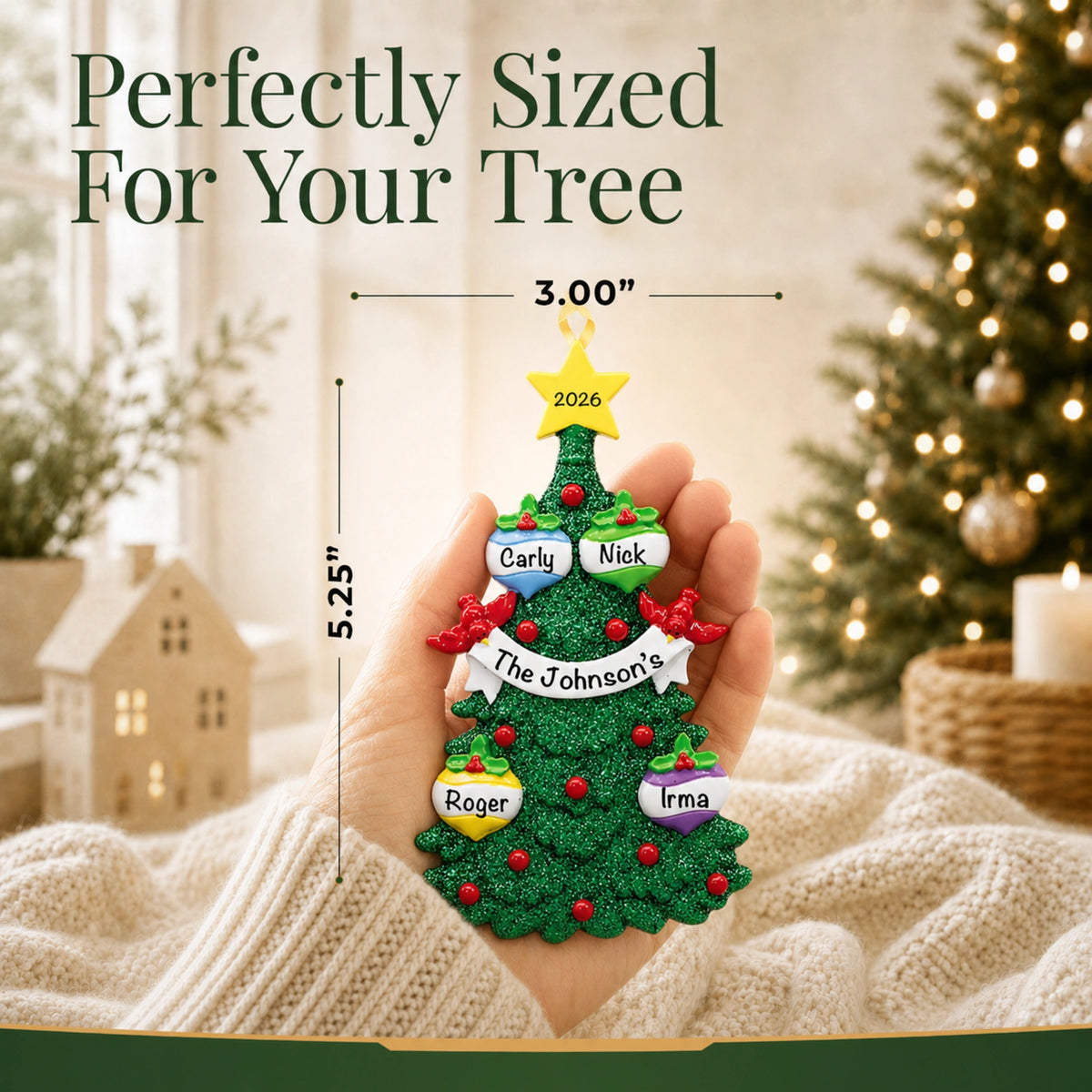 Green glitter tree family of 4 personalized christmas ornament held in hand, perfectly sized for your tree