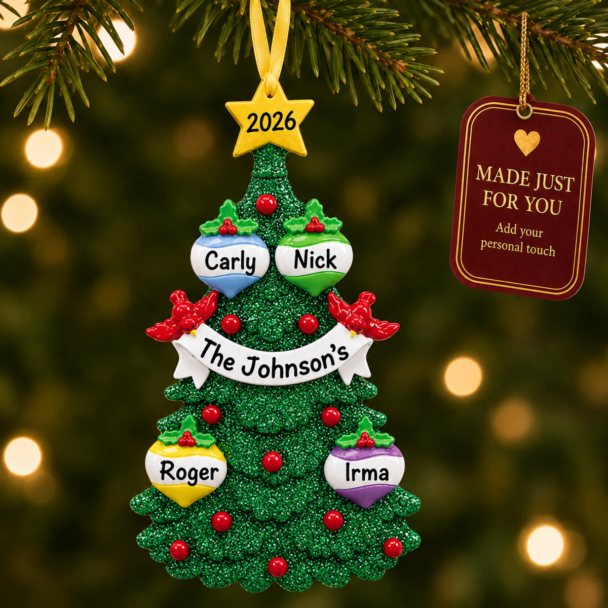 Personalized green glitter tree family of 4 christmas ornament on a tree, made just for you