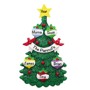 Personalized green glitter tree family of 5 ornament with named bulbs, star year, and banner