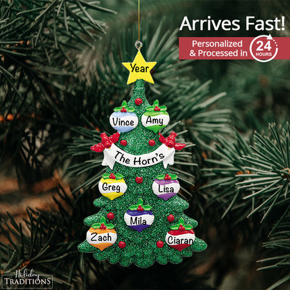 Green Glitter Tree Family of 7 Christmas Ornament