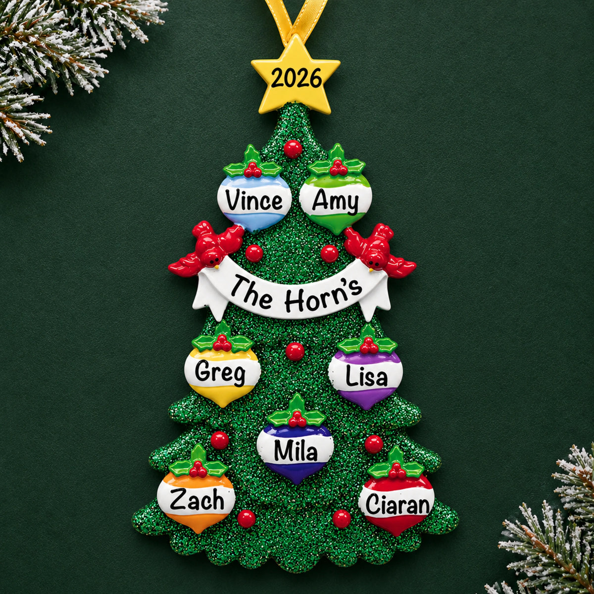 Personalized green glitter tree family of 7 christmas ornament with seven named bulbs and 2026 star