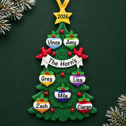 Personalized green glitter tree family of 7 christmas ornament with seven named bulbs and 2026 star