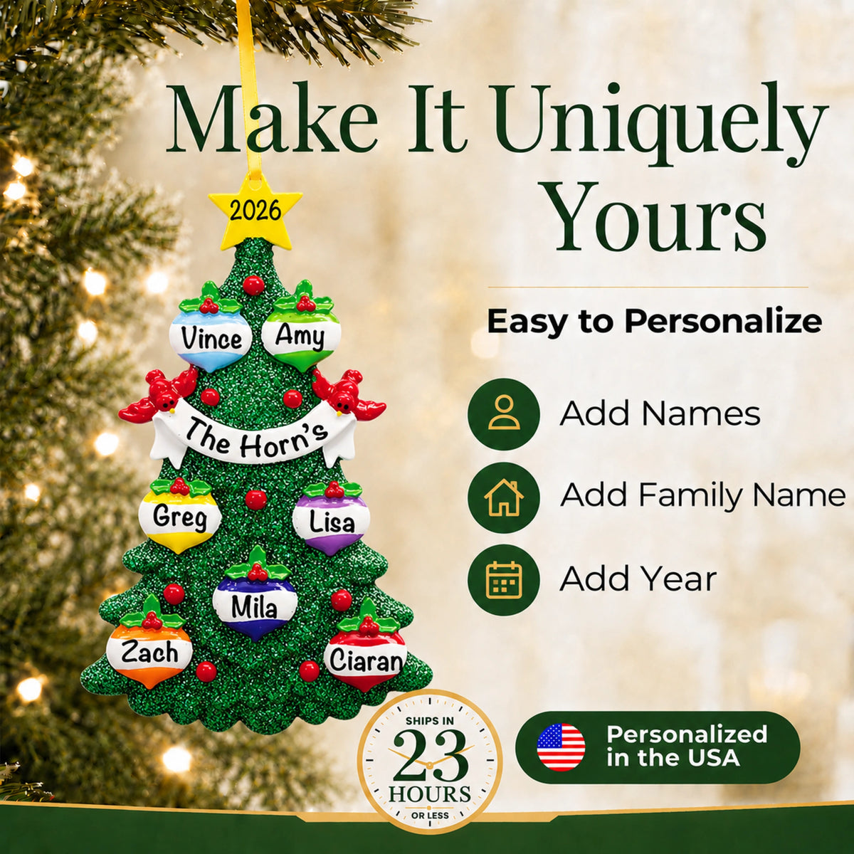 Green glitter tree family of 7 personalized christmas ornament, make it uniquely yours with names and year
