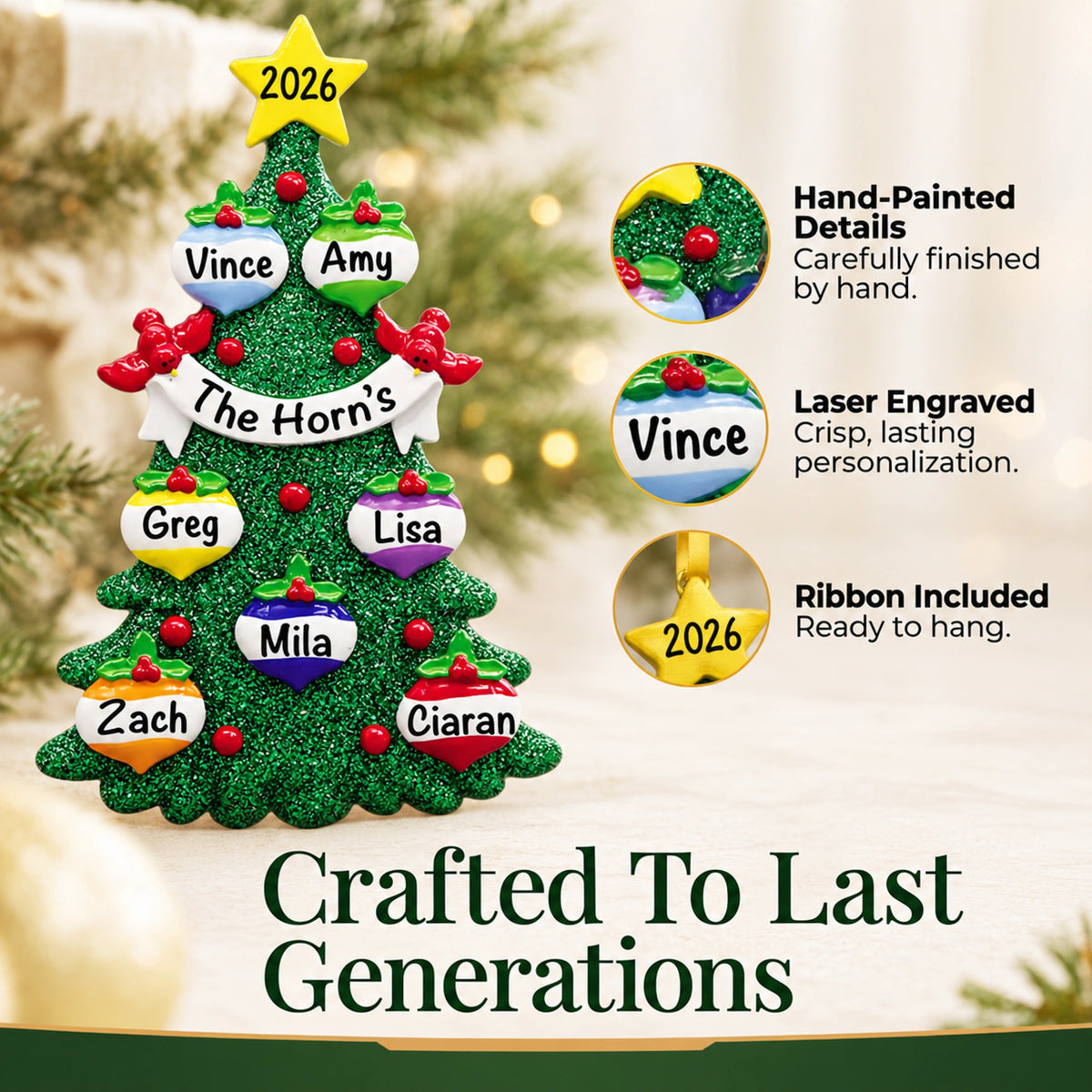 Green glitter tree family of 7 personalized christmas ornament, hand-painted and laser-engraved to last generations