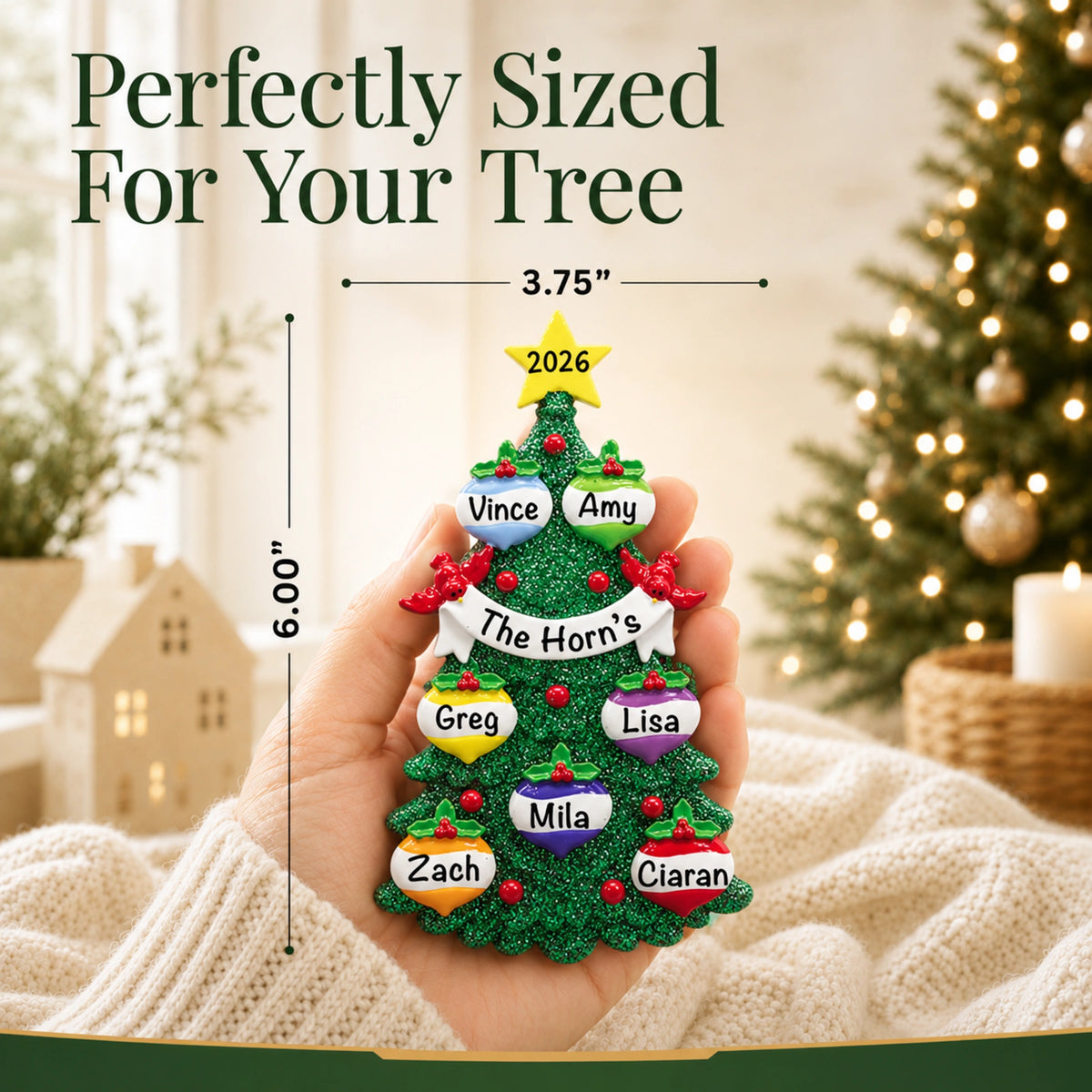 Green glitter tree family of 7 personalized christmas ornament held in hand, perfectly sized at about 6 inches