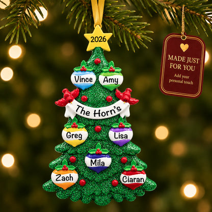 Personalized green glitter tree family of 7 christmas ornament on a tree, made just for you