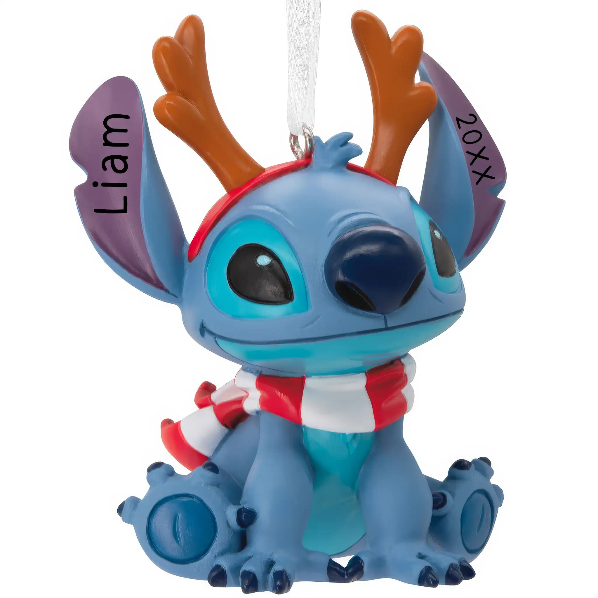 Personalized Disney Stitch Christmas ornament wearing reindeer antlers and a scarf, with a ribbon loop for hanging.