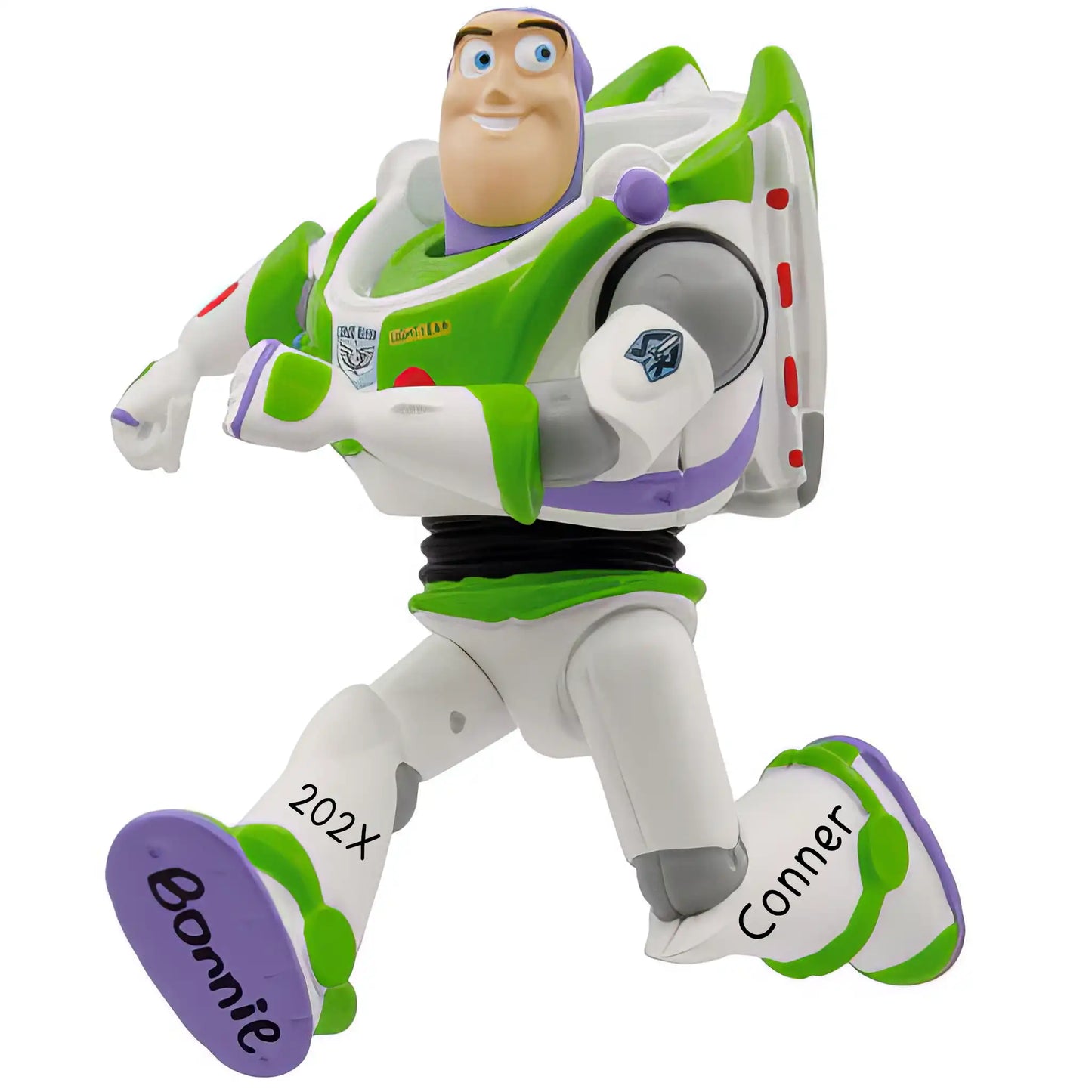 Personalized Christmas ornament featuring the Space Ranger Buzz Lightyear from Disney/Pixar Toy Story in his green and white suit, running, with the boot base ready for custom name engraving.