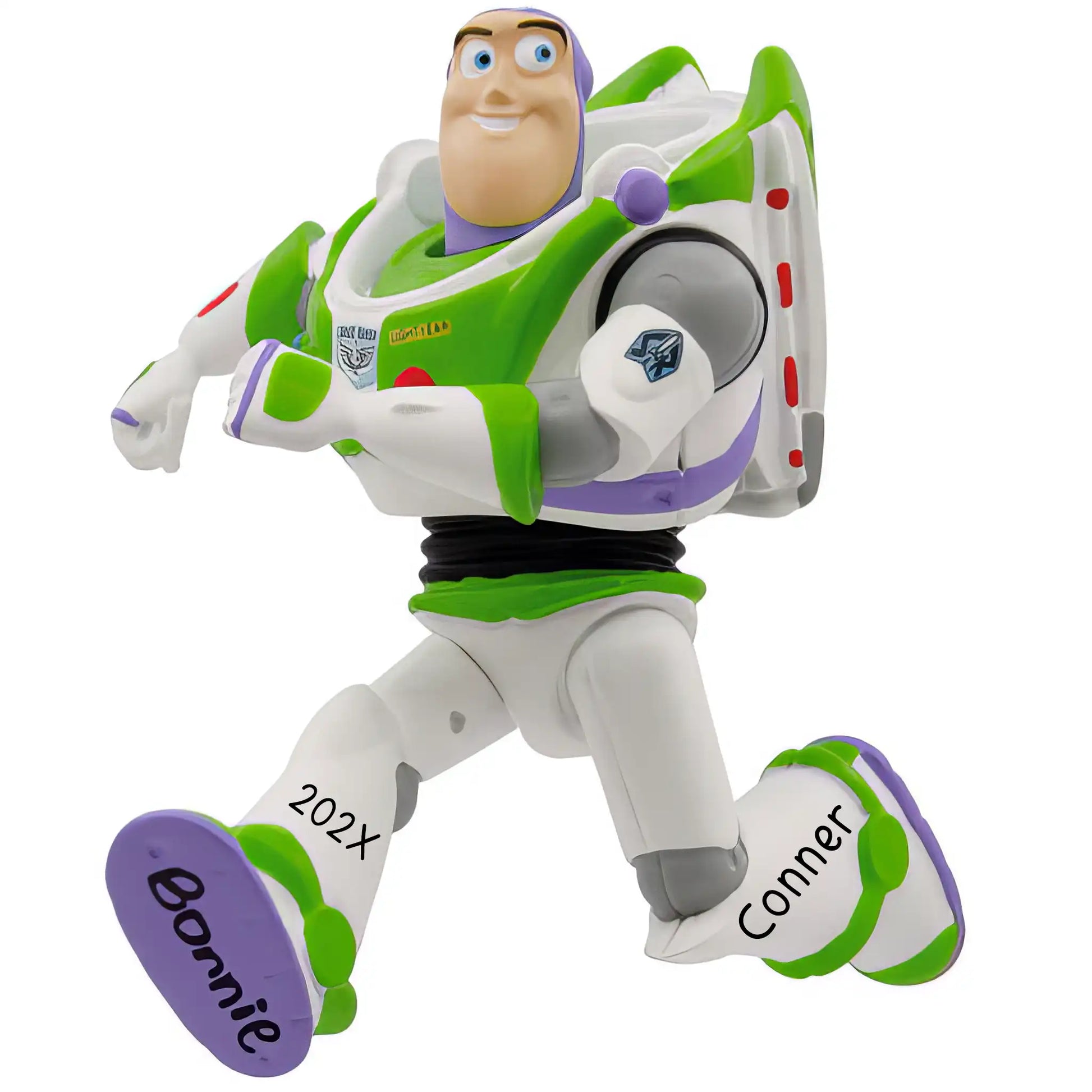 Personalized Christmas ornament featuring the Space Ranger Buzz Lightyear from Disney/Pixar Toy Story in his green and white suit, running, with the boot base ready for custom name engraving.