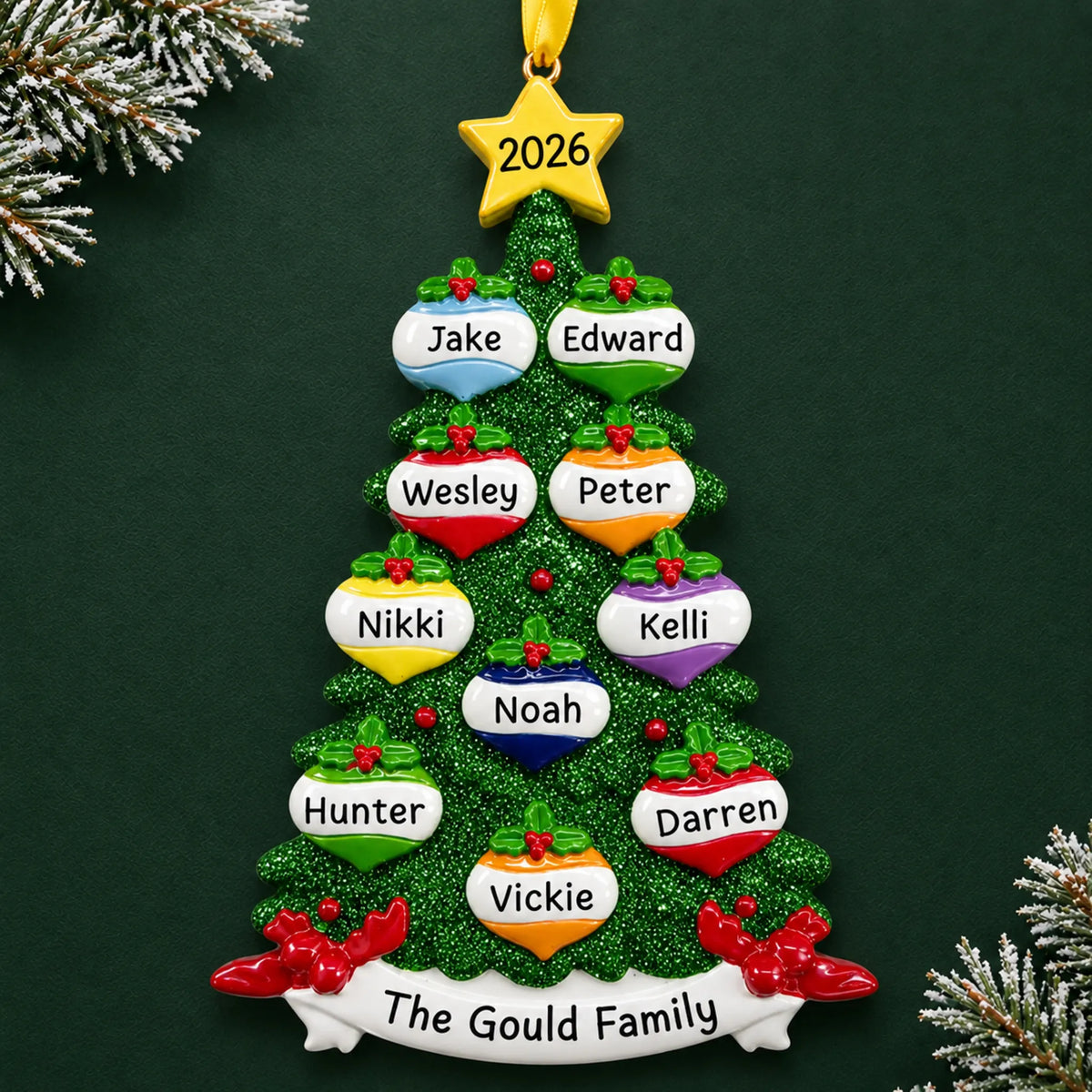 Personalized green glitter tree family of 10 christmas ornament on a dark green pine background