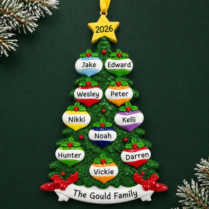 Personalized green glitter tree family of 10 christmas ornament on a dark green pine background