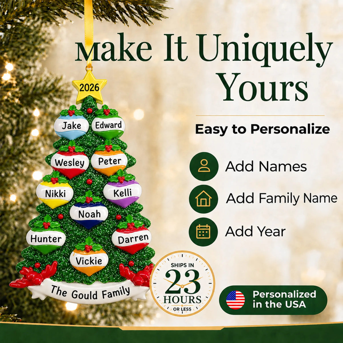 Make it yours: add names and year to the personalized green glitter tree family of 10 christmas ornament