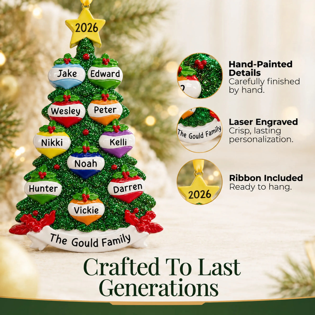 Hand-painted, laser engraved green glitter tree family of 10 christmas ornament, ribbon included