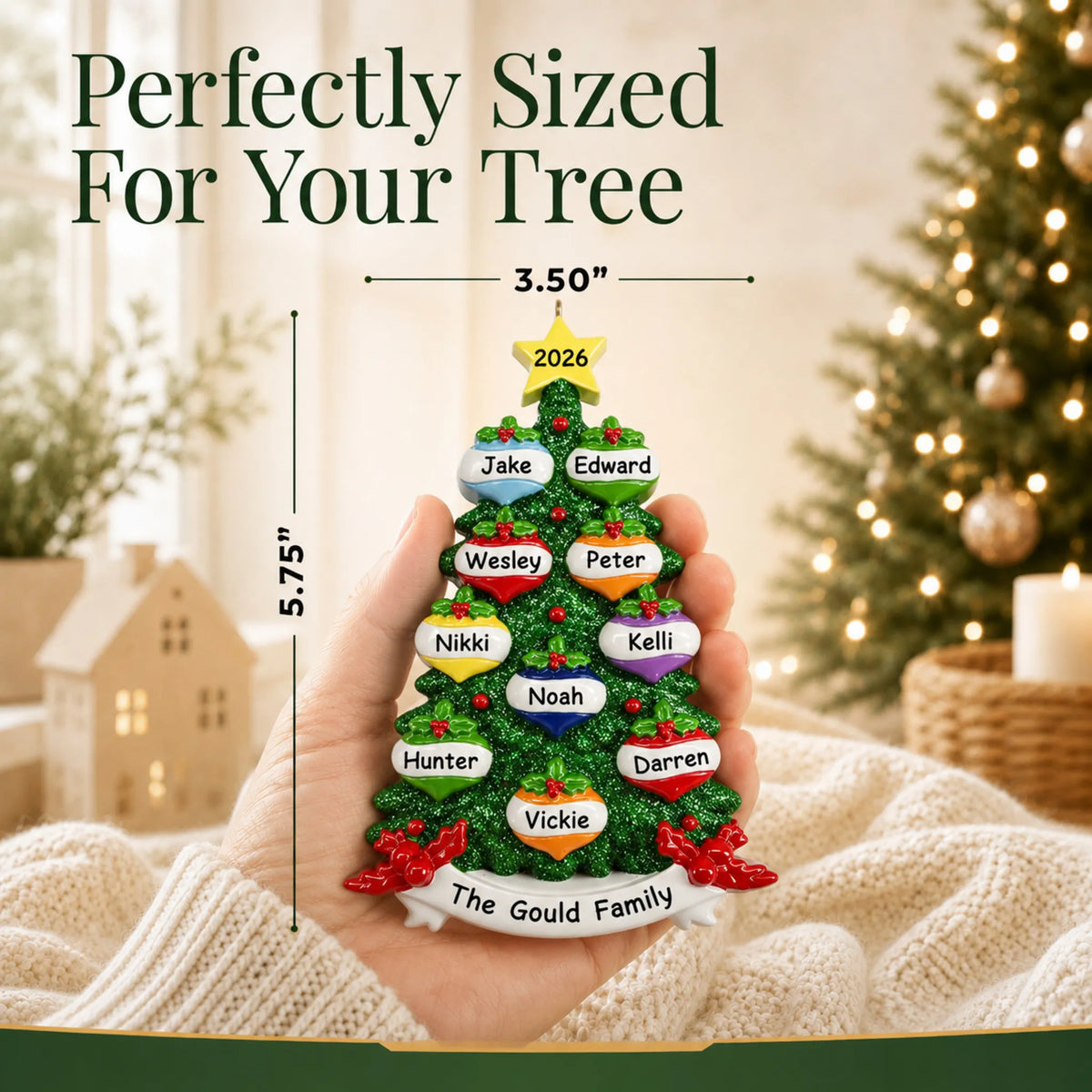 Size guide: the personalized green glitter tree family of 10 christmas ornament shown in hand next to a Christmas tree