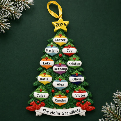 Personalized green glitter tree family of 12 christmas ornament on a dark green pine background