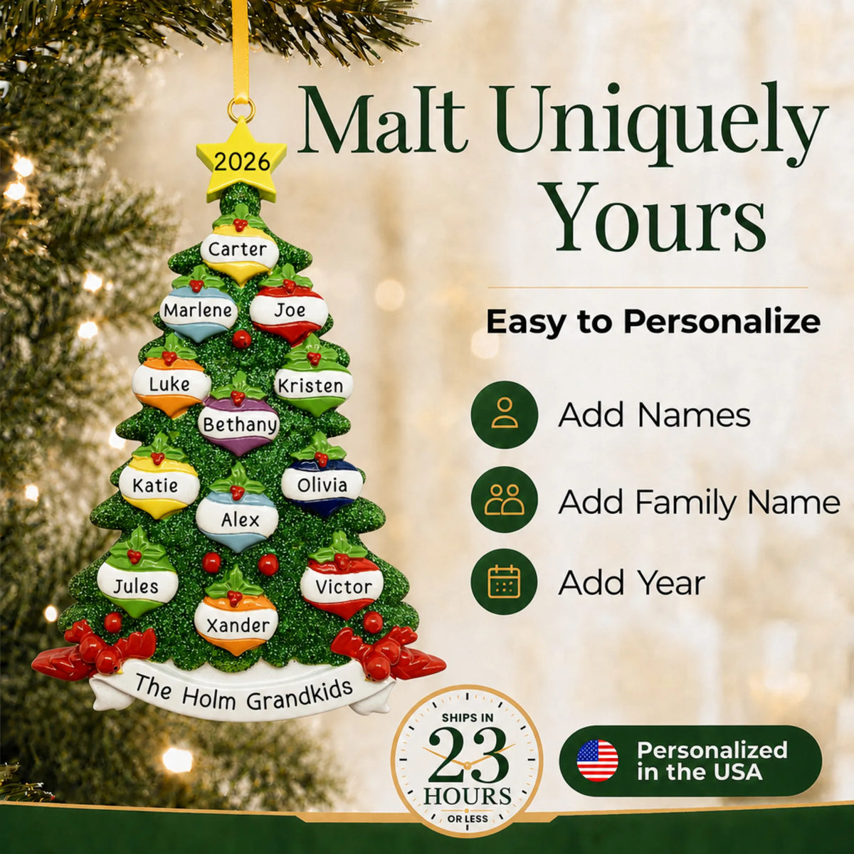 Make it yours: add names and year to the personalized green glitter tree family of 12 christmas ornament