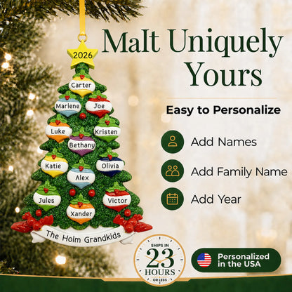 Make it yours: add names and year to the personalized green glitter tree family of 12 christmas ornament