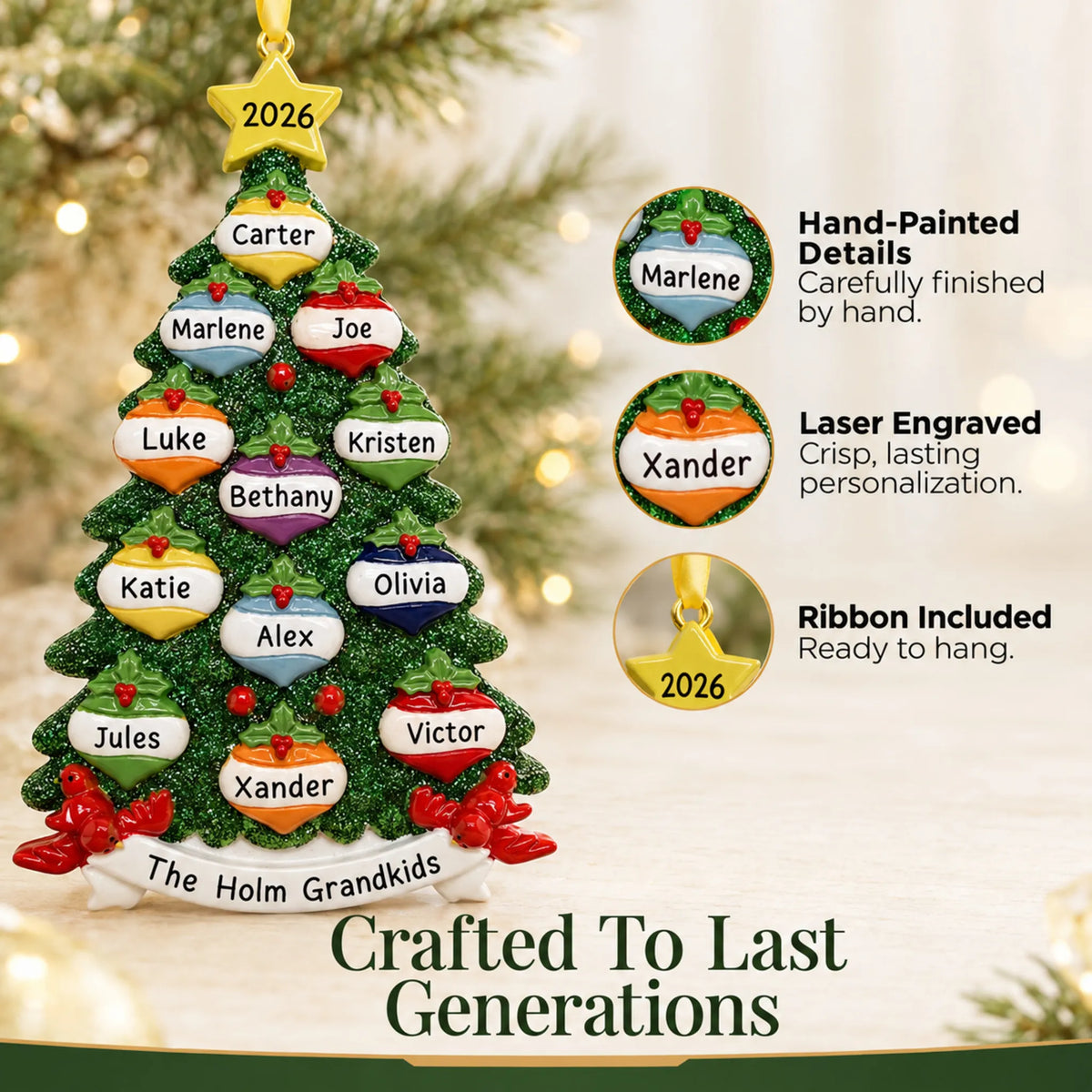 Hand-painted, laser engraved green glitter tree family of 12 christmas ornament, ribbon included