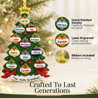 Hand-painted, laser engraved green glitter tree family of 12 christmas ornament, ribbon included