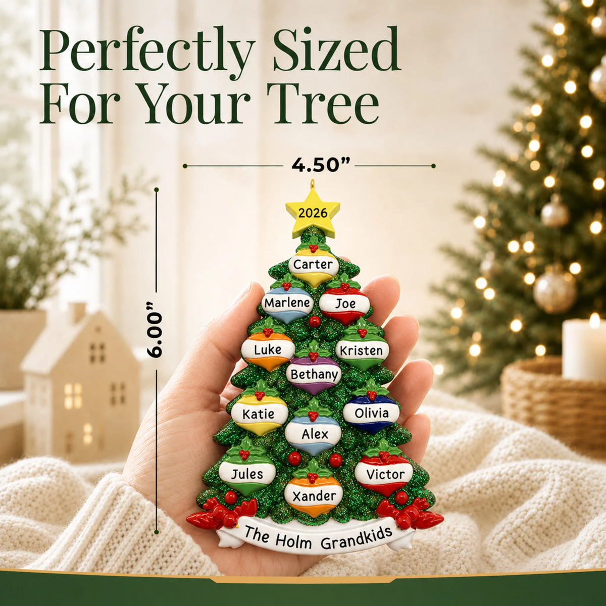 Size guide: the personalized green glitter tree family of 12 christmas ornament shown in hand next to a Christmas tree